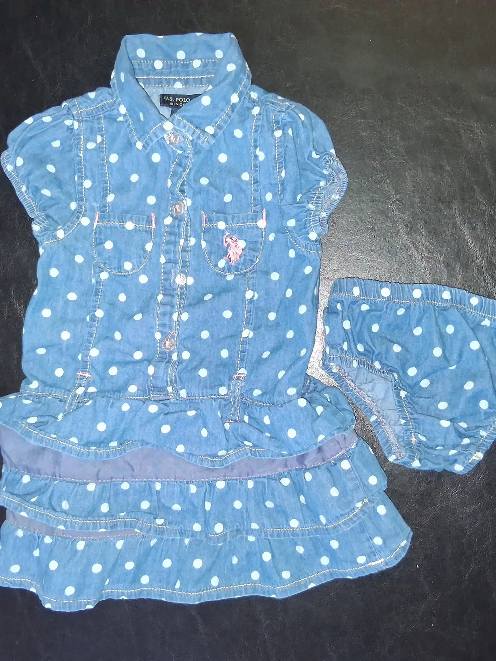 U.S. Polo Assn. Light Blue Polka Dot Denim Dress with Bloomers